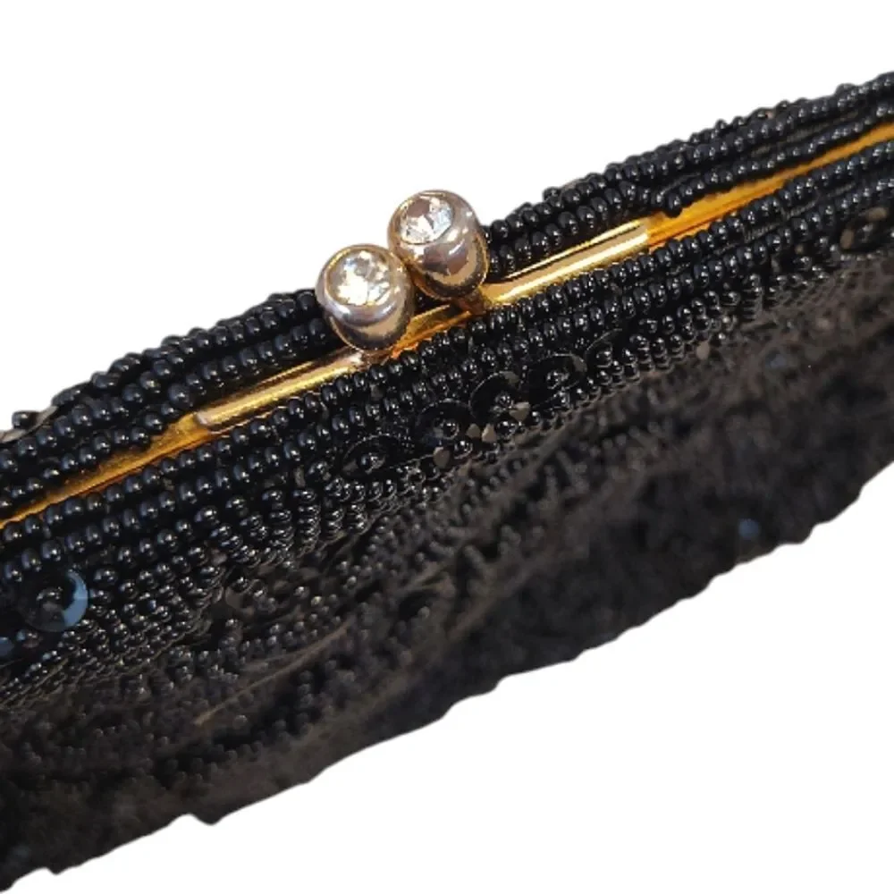 VTG 50s 60s Black Handmade Hong Kong‎ Beaded Sequins Kiss Lock Clutch